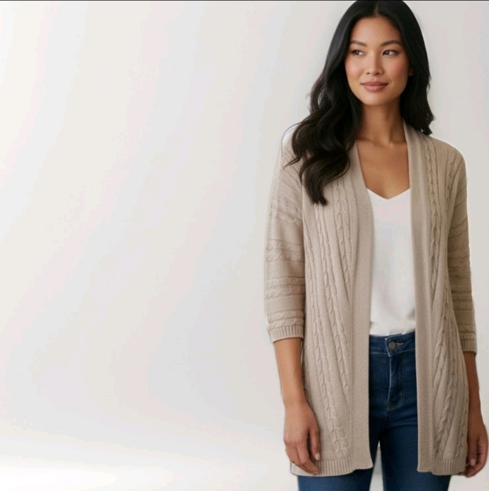 J.Jill Beige Open Cardigan Cotton Blend Cable Knit Size XS